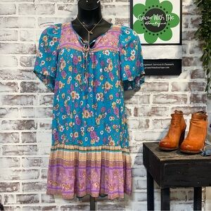 Umber Floral Boho Dress with Purple and Blue Accents Womens small